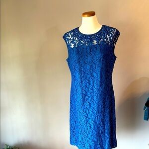 Adrianna Papell Blue Lace Sheath Mini Dress embellished neck formal cocktail 12